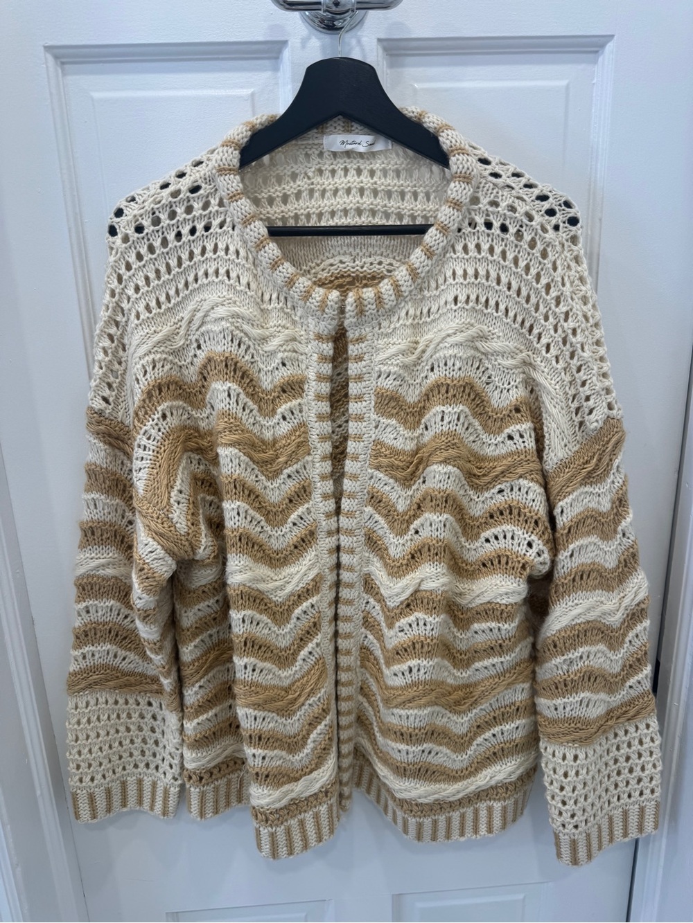 Openwork Wave-Stripe Cream & Tan Knit Cardigan